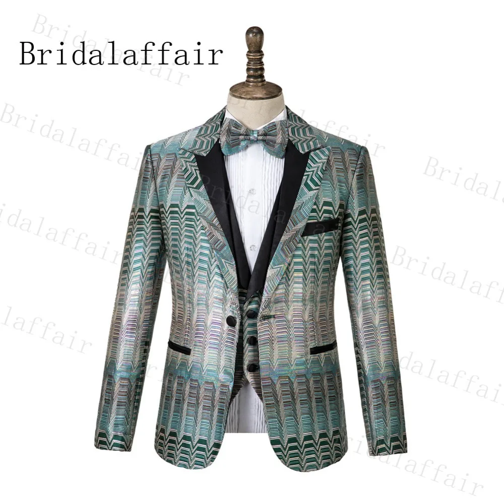 Bridalaffair модные костюмы для мужчин новые дизайнерские серебряные цветные узоры крутые Tuxeos для мужчин вечерние одежда зауженного покроя 3 шт