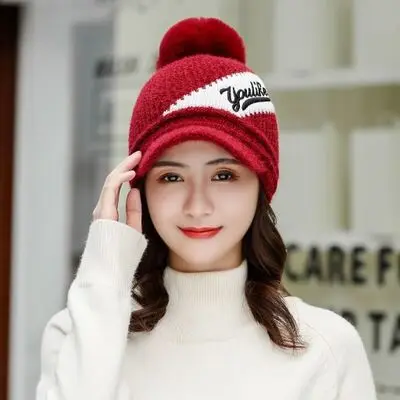 Зимняя шапка Skullies Beanies, модные шапки для женщин и девочек, теплый шарф из синели, набор шапок, Балаклава, маска, шапка, вязаная шапка - Цвет: Red wine Single hat