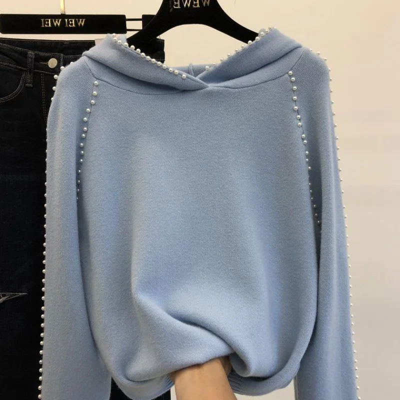 Sky Blue Осенняя новая Корейская версия свободного женского костюма с длинными рукавами и капюшоном вязаный свитер с бисером - Цвет: Sky Blue