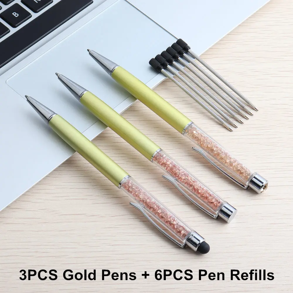 9PCS Gold Set 9 шт./компл. с украшением в виде кристаллов Шариковая ручка Творческий набор алмазов, стилус для сенсорного экрана для написания Канцтовары ручка для офисов и школ на плоской подошве, украшенная хрустальными стразами; шариковая ручка - Цвет: 9PCS Gold Set