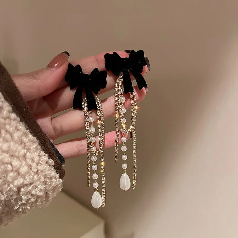 Fashion Fine Pearl Drop Earrings Long Tassels Crystal Hyperbole Style Bowknot Women Dangle Earrings Jewelry drop earrings,dangle earrings,pearl earrings,crystal earrings,long earrings,crystal tassel earrings