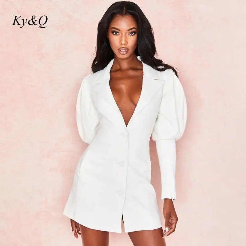 Runway Sexy Elegant Autumn Winter Women White V-neck Puff Sleeve Cardigan Button Suit Jacket 2019 Brand Lapel Long Coat | Женская одежда