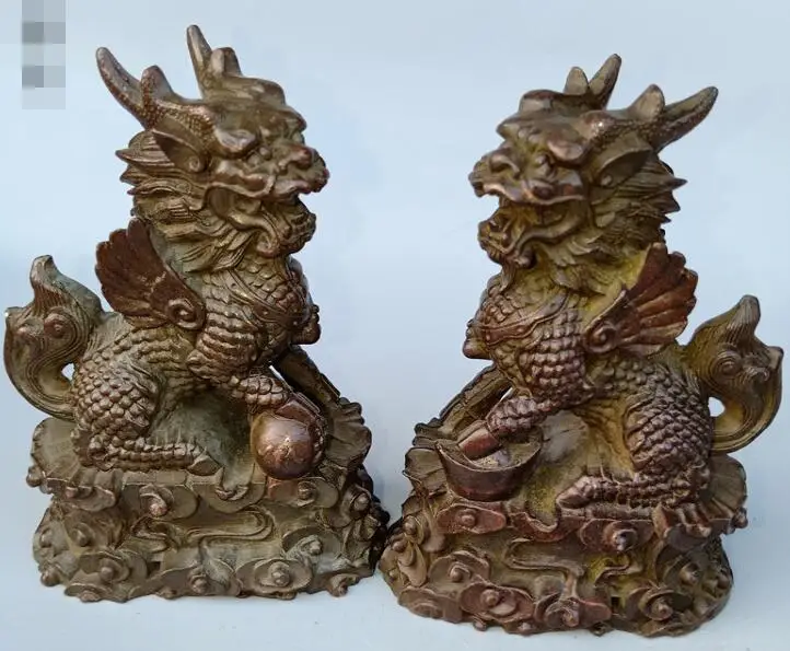 Пара старых китайских статуй из бокса 4 дюйма резьба по дереву дракон цилин зверь