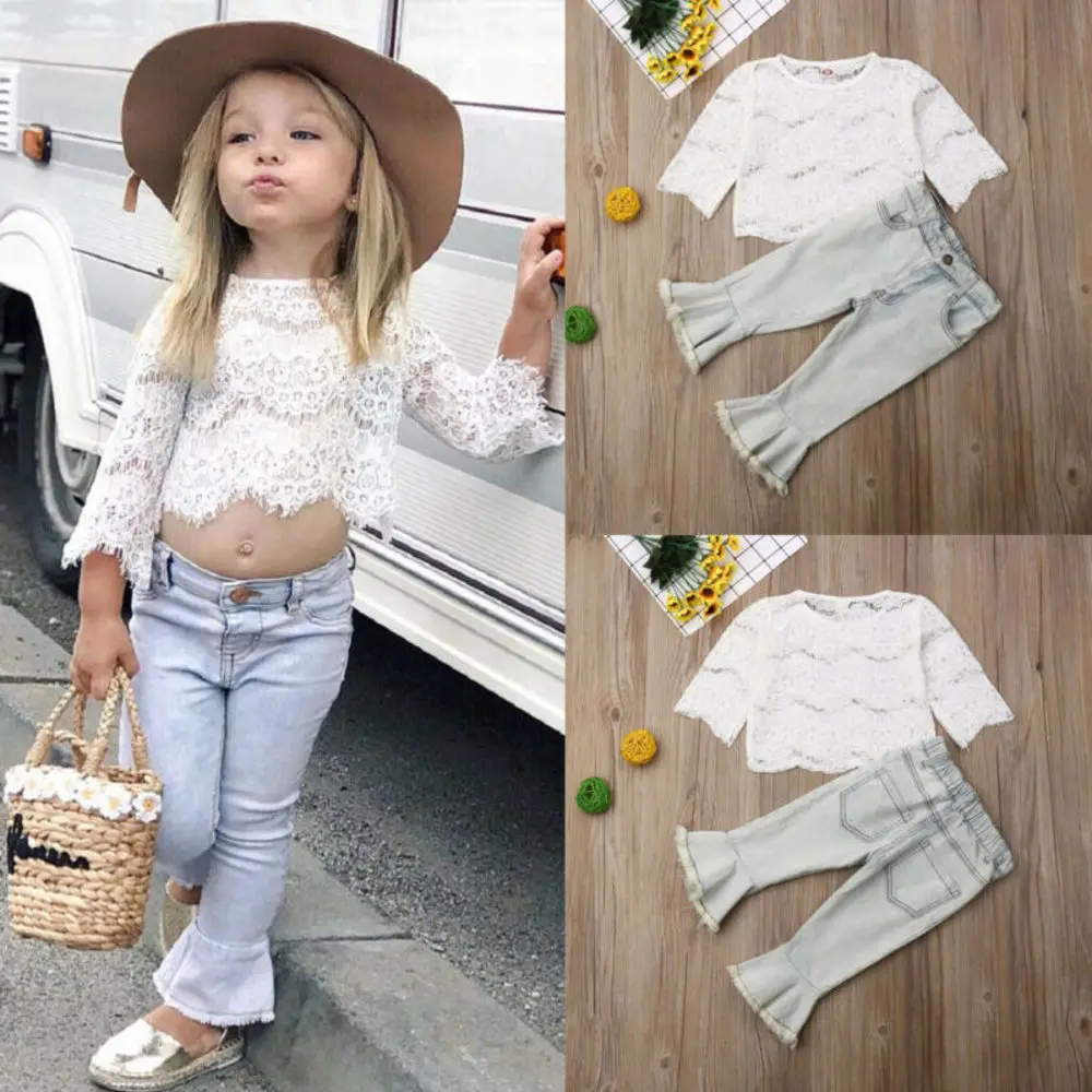 Комплект одежды из 2 предметов для маленьких девочек, кружевной топ, рубашка, джинсовые штаны с поясом