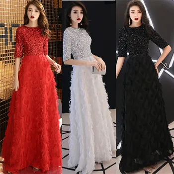 

Women's Vintage Nightclub Sexy Banquet Dress Floor-Lengt Empire Sequined Round-Neck Dress winter red maxi dress A327