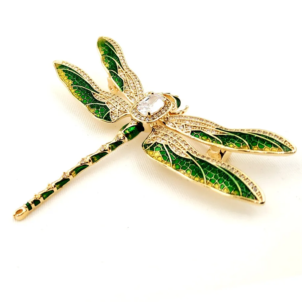 Vintage Green Enameled Oversize Dragonfly Brooches Gold Tone Micro Pave Crystal Winged Big Dragonfly Pins Unisex Insect Jewelry