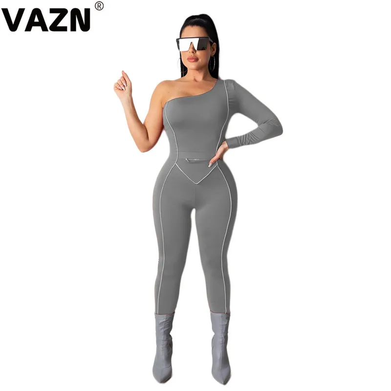VAZN, топ, открытый, сексуальный, для клуба, необычный, модный, однотонный, длинный рукав, на одно плечо, для женщин, высокая талия, эластичный, длинный, карандаш, Комбинезоны
