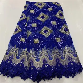 

African Lace Fabrics 2019 High Quality Royal blue Lace Nigerian Tulle Lace Fabric Rhinestones French Net Lace Fabric NS002