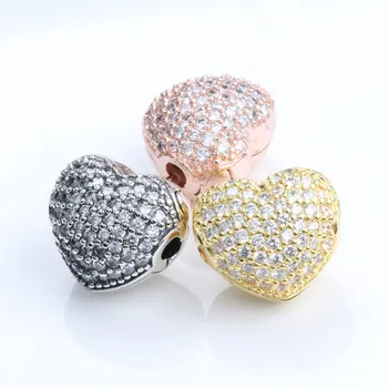 

New Original 925 Sterling Silver Rose Gold Single Side Pave Crystal Heart Clip Charm Fit Pandora Bracelet Women DIY Jewelry Bead