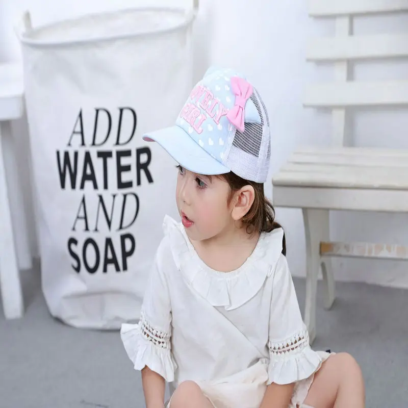 Fashion casual blue background white heart pink bow child mesh child baseball cap child hat sun hat child hat