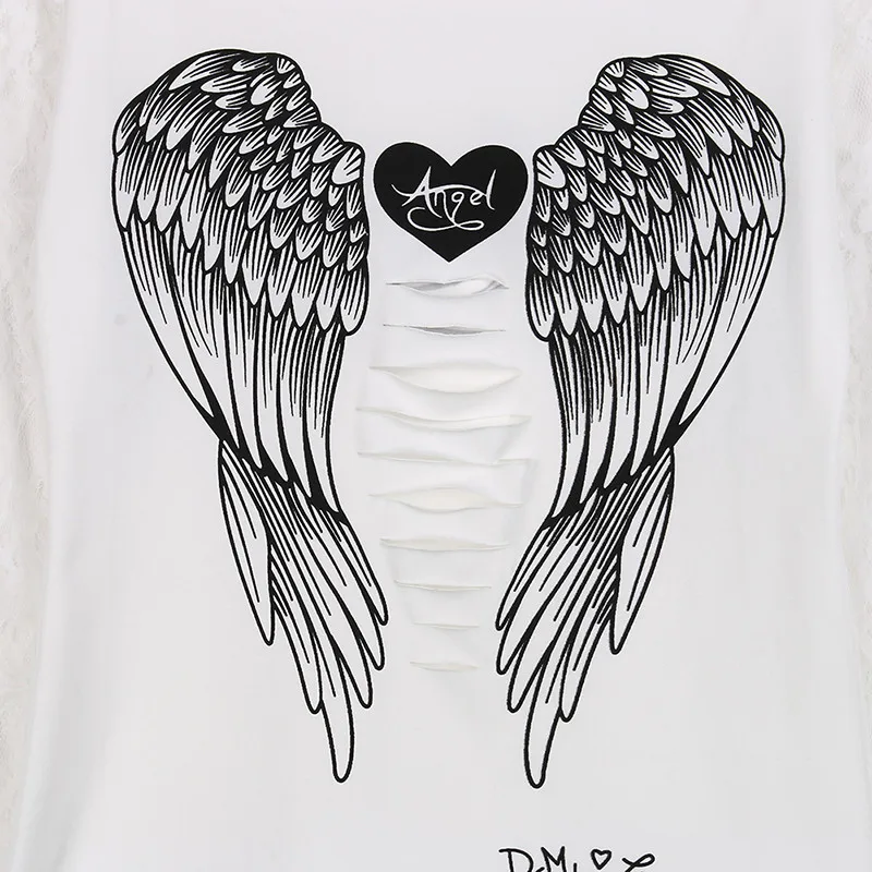 Горячие блузки женские Крылья Ангела печатные с длинным рукавом Свободная рубашка с рисунком Повседневная Кружевная блуза с открытыми плечами хлопок Shein
