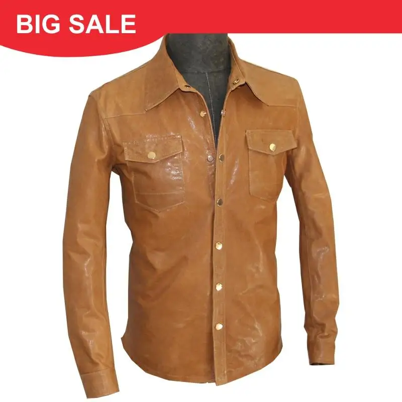 

2020 Light Brown Men Casual Leather Shirt Single Breasted Plus Size 5XL Genuine Thin Sheepskin Spring Slim fit Leather Shirt