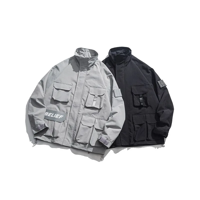 

Wu Navigation Japanese-style Retro Fold-down Collar Raglan Sleeve Tooling Jacket Men's Loose-Fit Velcro Multi-pockets Cargo Coat