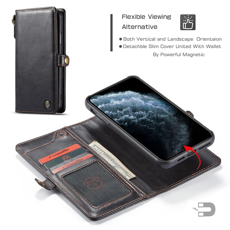 CaseMe чехол для телефона для Iphone 11 Pro 11Pro XS Max X XR 6S 7 8 Plus Ретро Флип удобный кошелек Магнитный съемный чехол для карт сумка