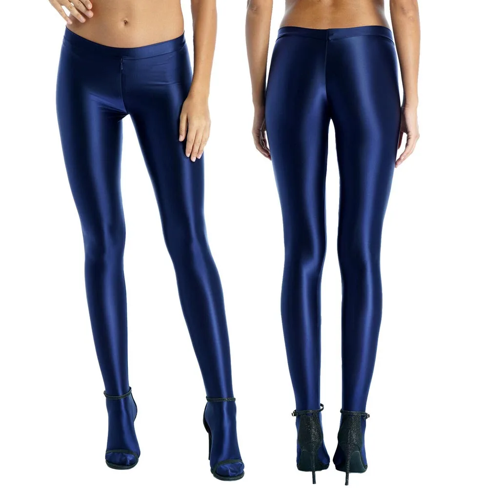 Sexy Women Glossy Stretchy Pantyhose Zipper Crotch Sport Fitness Rave Dance Tights Pants Mid Waist Leggings