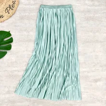 Весна лето женские миди юбки металлик плиссированные с высокой талией цвета мороженого длинные юбки Повседневный стиль