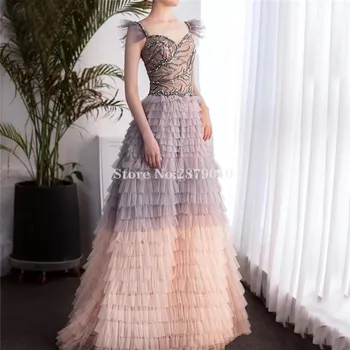 

Colorful Sleeveless A-Line Sexy Evening Dresses Floor-Length 2020 Dubai Beaded Sequins Tiered Lace Up Prom Formal Dress Design