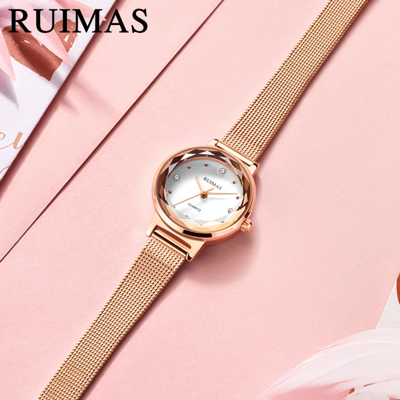 Montre Femme Ruimas женские часы золотые кварцевые из нержавеющей стали с сетчатым
