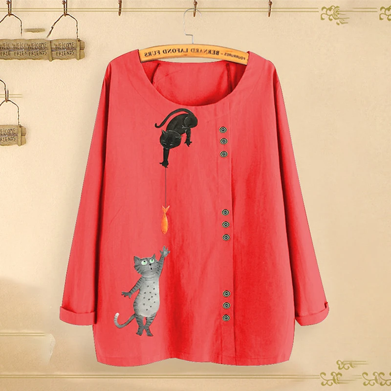 

Fashion Cat Fish Print Tops Autumn Winter O-Neck Long Sleeve Cotton Linen Shirt Loose Casual Autumn Ladies Tops