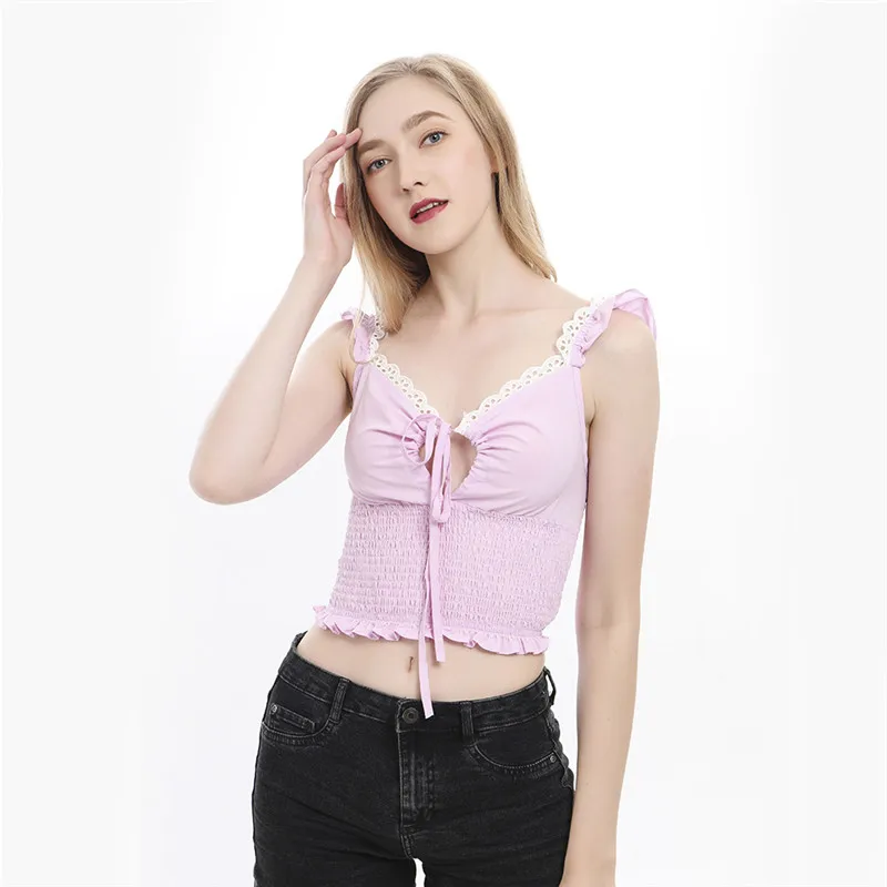 Летние женские сексуальные кружевные лоскутные топы с v-образным вырезом без рукавов, Безрукавки на бретельках, Клубная одежда на бретелях
