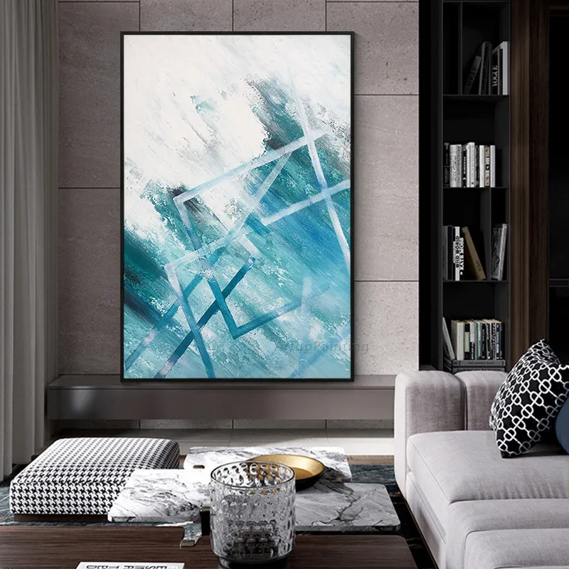 Geometric hand painted oil painting on Canvas Blue modern abstract art cuadros decoration painting pictures for living room Geometric hand painted oil painting on Canvas Blue modern abstract art cuadros decoration painting pictures for living room