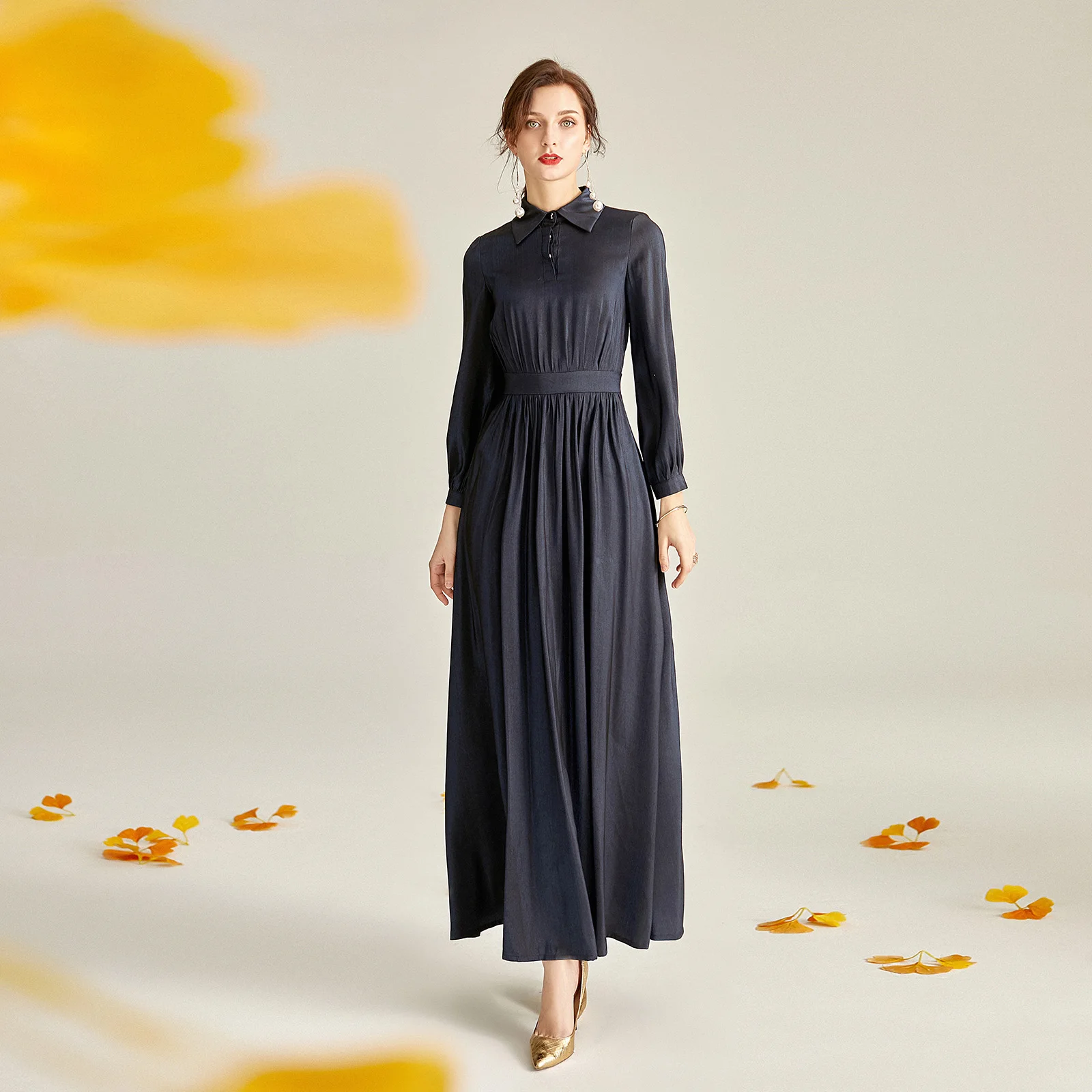 

Fashion Spring Autumn England Style Long Dress Turn-down Collar Office Lady Women Maxi Dress Birthday Dress for Women
