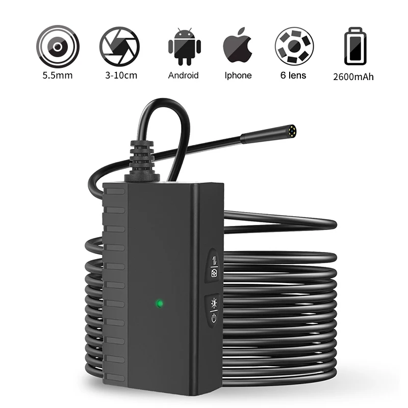 

2020 5MP Pixel WiFi Endoscope Camera 5.5mm Lens With White Light 5M 10M Hard Cable IP67 Borescope For Android Apple Device