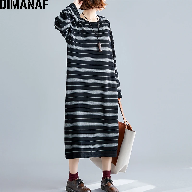 Dimanaf женский платье плюс Размеры зимние Вязание Vestidos черное платье с полосками Винтаж женские элегантные женские Свитер с длинными рукавами платье 5XL