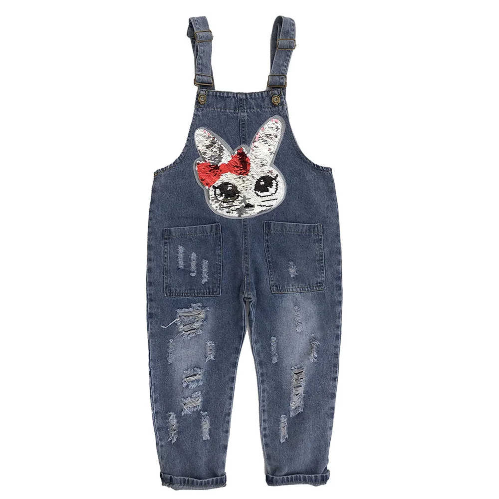 

3-10Years Spring Autumn Girls Denim Overalls Reversal Sequins Loose Cotton Denim Pants For Kids Children Girl Autumn Clothing