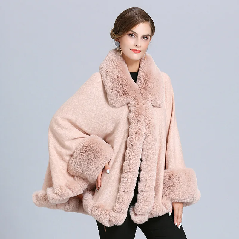 SC367 2019 Winter Warm Big Fur Neck Pink Cloak Women Hairy Cardigan Faux Fox Fur Cape Knitted Poncho With Fur Batwing Sleeves