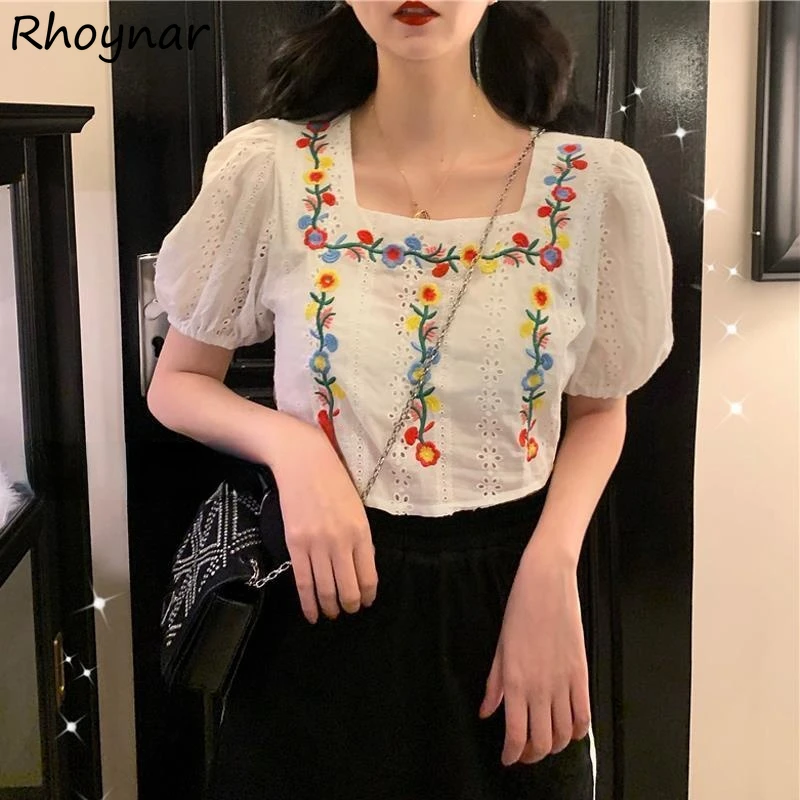

Cropped Blouses Women Square Collar Embroidery Elegant Tender Floral Puff Sleeve Retro Trendy Feminino Cozy Leisure Summer Daily
