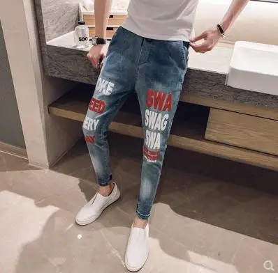 New Arrival Hot Sale Brand autumn men's casual high quality printed trouser male slim korea style fit nine-tenth pants jean