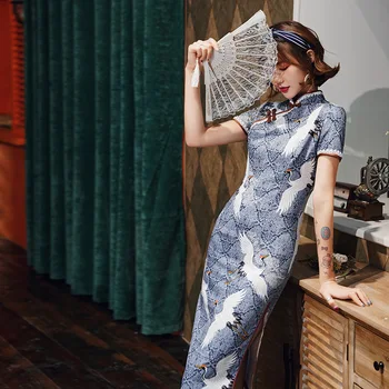 

New Chinese Style Women Cheongsam Summer Rayon Daily Dress Printed Vintage Handmade Button Stage Show Qipao Plus Size S-3XL