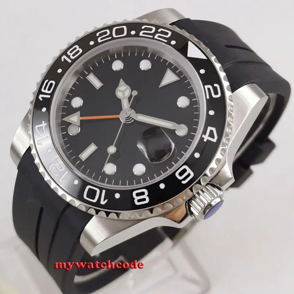 

40mm black sterile dial sapphire crystal GMT ceramic Bezel rubber strap Automatic mens watch B315