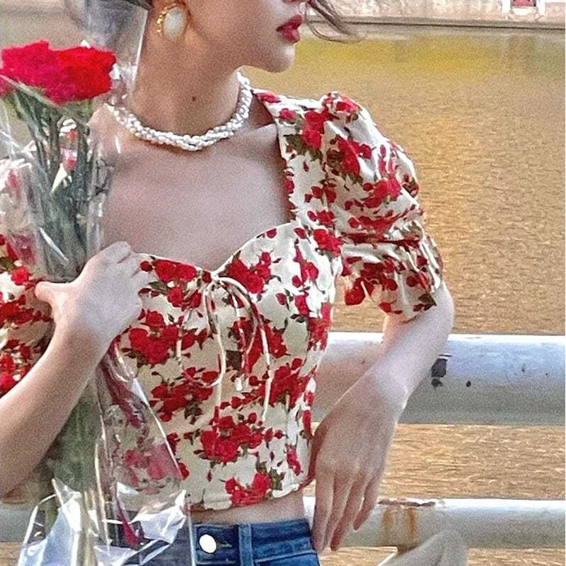 QWEEK Top corto estampado Floral mujer, blusas bonitas Vintage Harajuku con manga abombada, corsé elegante, Top rojo Retro 2021|Blusa| - AliExpress