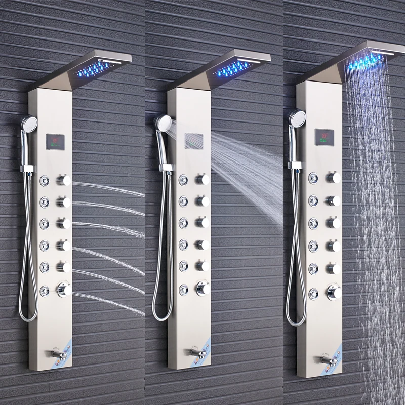 Черный никель светодиодный дождь водопад смеситель для душа набор душевая панель Колонка многофункциональная насадка Массаж Спа струи температурный экран