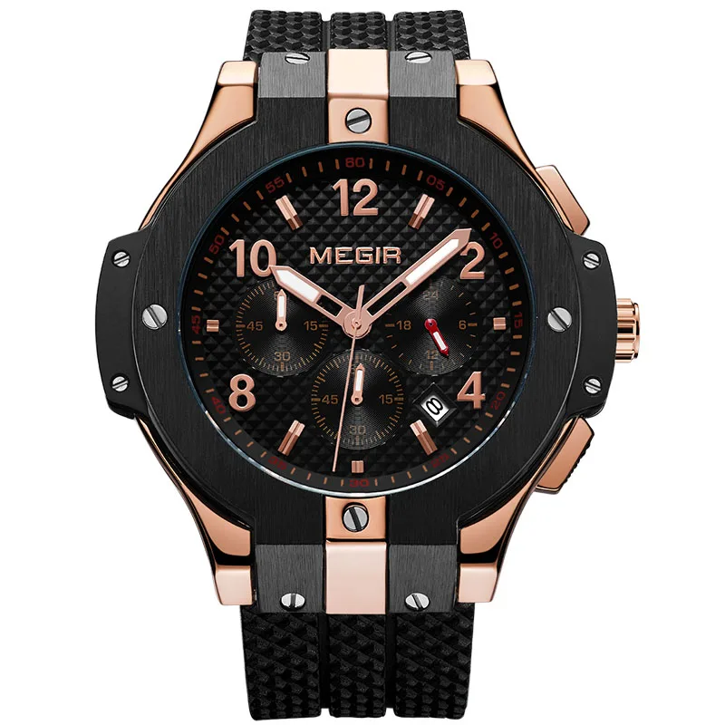 Megir Quartz часы мужские повседневные 3D циферблат с гравировкой черные силиконовые часы мужские водонепроницаемые военные спортивные часы для мужчин - Цвет: 2050G rose gold
