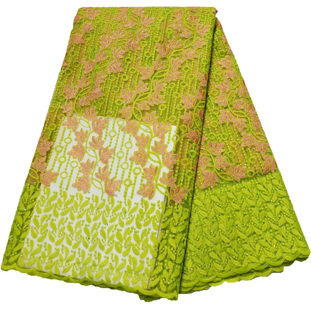 Нигерийская сетчатая кружевная ткань Лидер продаж вышивка лимонно-зеленая