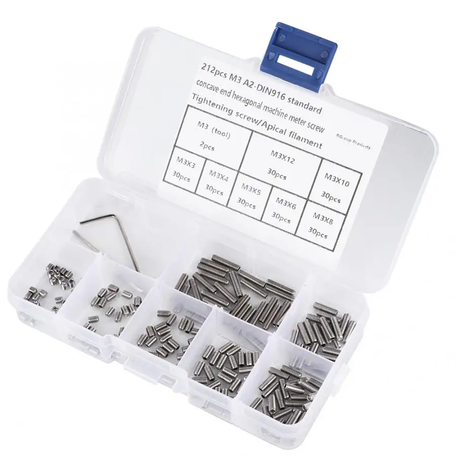 

212Pcs Grub Screws Tornillos Para Madera Stainless Steel M3 A2-DIN916 Inner Hex Concave End Tighten Screw Headless Screw Nut