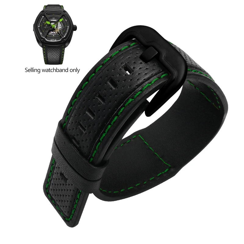thumbnail image 1 of Pulsera de cuero genuino de 24 mm OTC-AO1 OT-3 para reloj Dietrich Suunto con patrón largo y costuras rojas y verdes, 1 of 5