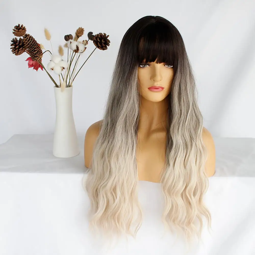 

Anogol Brand Long Black to Brown Ombre Wigs Synthetic Wigs for White Women Glueless Wavy Cosplay Wigs Heat Resistant Daily Wig