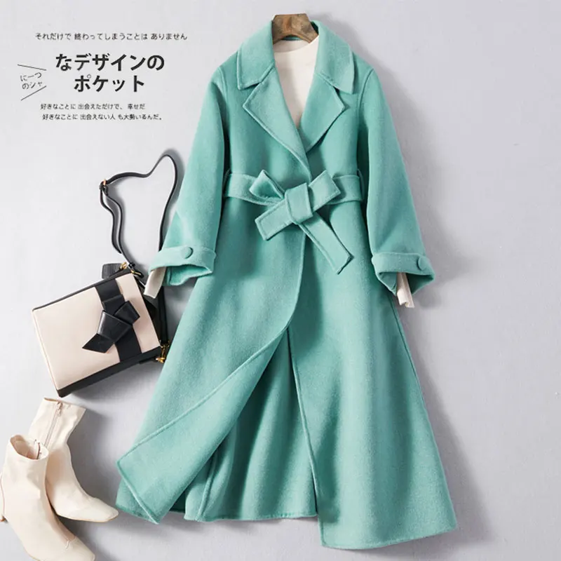 pea green Корейская мода размера плюс свободное двухстороннее шерстяное пальто со шнуровкой и поясом шерстяная Смешанная куртка длинное теплое пальто Женская куртка пальто - Цвет: pea green