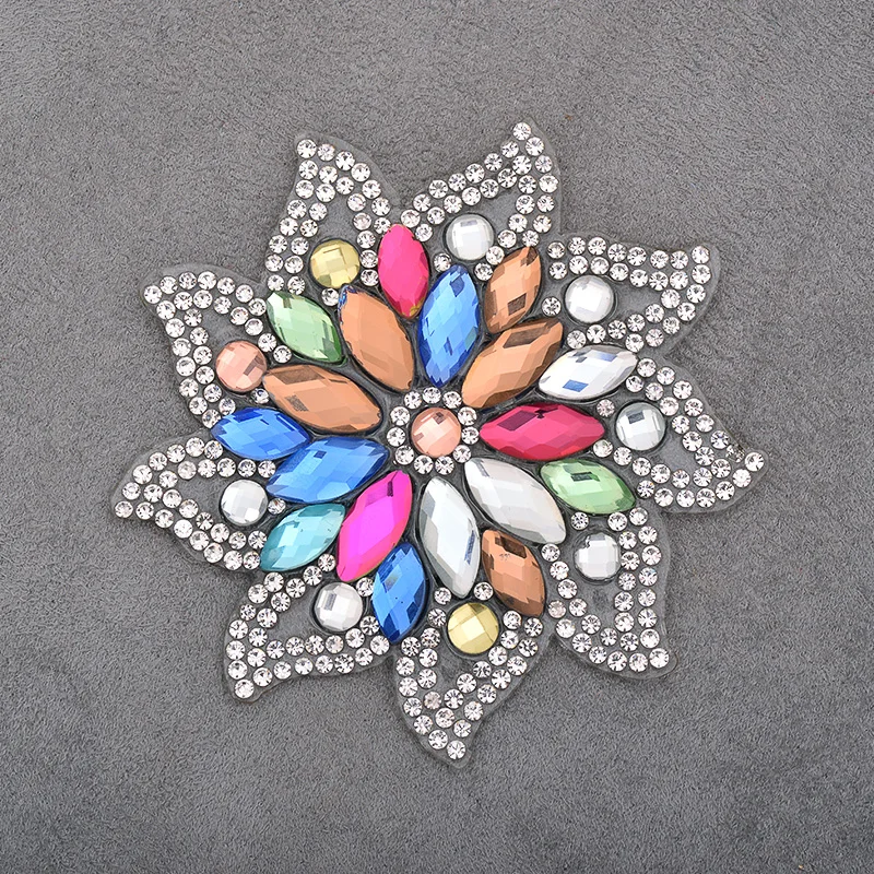JUNAO-1pcs-75mm-Hotfix-Mix-Color-Flowers-Rhinestones-Patches-Glass-Beads-Appliques-Iron-On-Patches-for