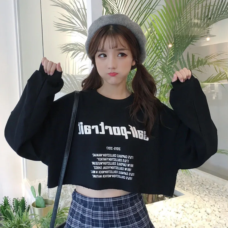 

2019 new soft sister top lazy wind high waist exposed umbilical cord short long-sleeved t-shirt long sleeve shirt women harajuku