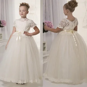 

Flower Girl Dresses Short Sleeve Lace Applique For Weddings Party Tulle Holy Communion Dress For Girls Christmas Pageant Dresses