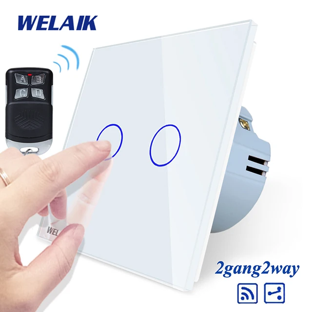 Welaik Стекло Панель переключатель Белый настенный выключатель ЕС пульт дистанционного управления сенсорный выключатель света 2gang2way AC110~ 250 В a1924cw/ BR01