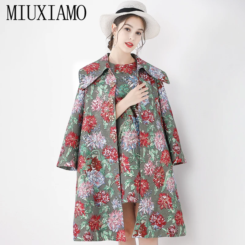 

MIUXIMAO 2019 Runway Fall Winter Jacket Women Diamonds Flower Print Overcoat Vestidos+ Diamonds Flower Print Dress Women