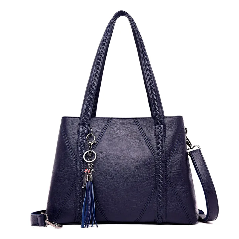 Роскошный мягкий кожаный сумки высокого качества Женская кисточка дизайнерский сумка-мешок большой емкости плеча сумки для женщин - Цвет: Blue
