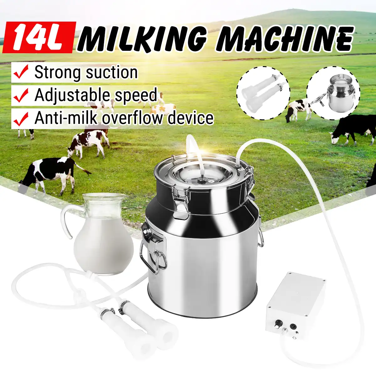 5L Portable Electric Milking Machine for Cows Sheep Adjustable Speed