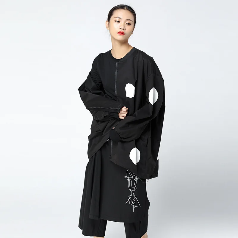 [EAM] 2017 Autumn Winter Fashion New Polka Dot Point Long Sleeve Irregular Loose Coat Personality Tide Jacket Womne YA630|fashion jacket|jacket